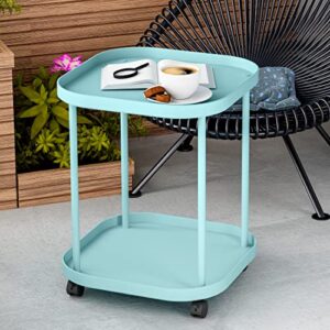 villertech Side Table with Wheels, End Table Living Room Plastic Mobile Sofa Side Table Small Night Stand Bedroom Blue