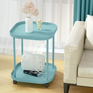 villertech Side Table with Wheels, End Table Living Room Plastic Mobile Sofa Side Table Small Night Stand Bedroom Blue