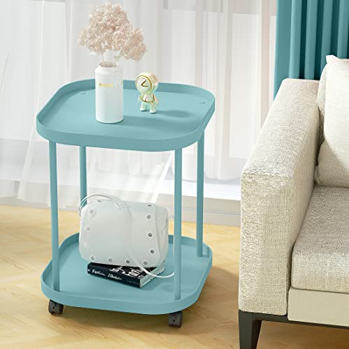 villertech Side Table with Wheels, End Table Living Room Plastic Mobile Sofa Side Table Small Night Stand Bedroom Blue
