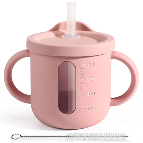 Palmatte Baby Toddler Cups with Straw for Infants 6 M+, 200ml Perspective Silicone Training Cup with Lid Handle Marks, Open Sippy Cups 6-12 Months Baby Led Weaning Supplies Baby Shower Gifts (Blush)