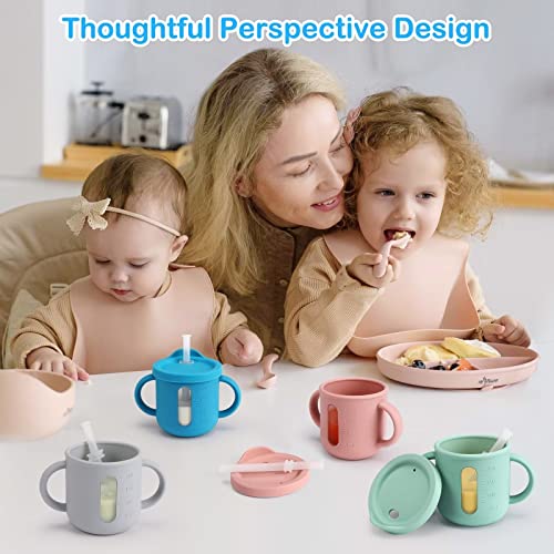 Palmatte Baby Toddler Cups with Straw for Infants 6 M+, 200ml Perspective Silicone Training Cup with Lid Handle Marks, Open Sippy Cups 6-12 Months Baby Led Weaning Supplies Baby Shower Gifts (Blush)