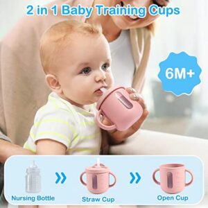 Palmatte Baby Toddler Cups with Straw for Infants 6 M+, 200ml Perspective Silicone Training Cup with Lid Handle Marks, Open Sippy Cups 6-12 Months Baby Led Weaning Supplies Baby Shower Gifts (Blush)