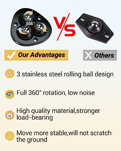 4PCS Small Caster Wheels for Small Appliances, 360°Rotation Self Adhesive Caster Wheels, Stainless Steel Rollers Universal Wheel for Trash Can, Storage Bins (Black) (4)