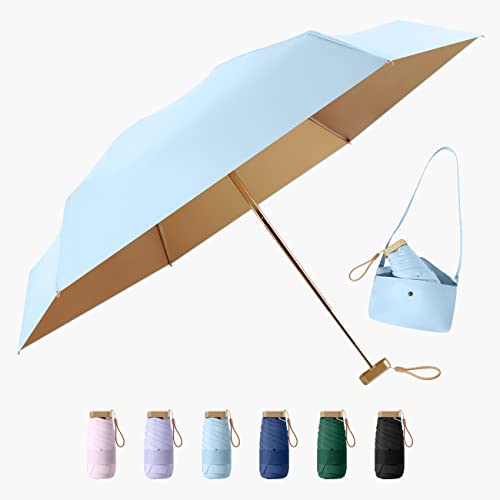 TIME LOVER Sun & Rain Travel Umbrellas with 99% UV Protection for Girls and Women,UPF 50+ Mini Capsule Umbrella Lightweight and Windproof Umbrella,Portable backpack storage,Cyan