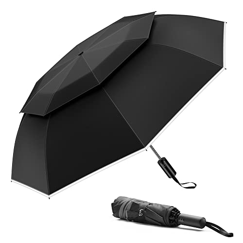 Urvoix Travel Umbrella Compact Windproof - Vented Double Canopy Umbrellas for Rain, Portable Umbrella Inverted Automatic Open Close with Reflective Strip