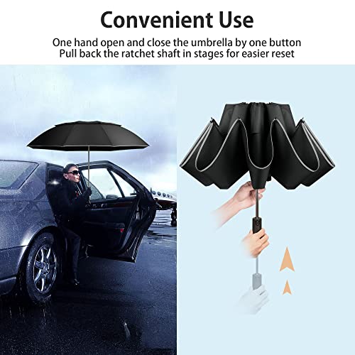 Urvoix Travel Umbrella Compact Windproof - Vented Double Canopy Umbrellas for Rain, Portable Umbrella Inverted Automatic Open Close with Reflective Strip