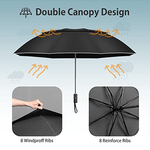 Urvoix Travel Umbrella Compact Windproof - Vented Double Canopy Umbrellas for Rain, Portable Umbrella Inverted Automatic Open Close with Reflective Strip