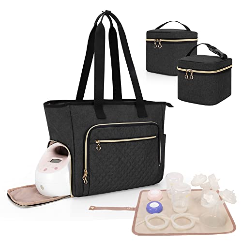 Luxja Breast Pump Bag (with a Breastmilk Cooler Bag, a Small Carrying Case and a Waterproof Mat) Compatible with Spectra S1 and S2, Pumping Bag for Breast Pump and Extra Parts, Black