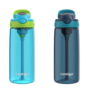 contigo aubrey kids cleanable water bottle with silicone straw and spill-proof lid, dishwasher safe, 20oz 2-pack, blue raspberry/cool lime & blueberry/juniper