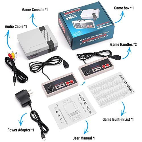 Retro Game Console Built in 620 Video Games and 2 NES Classic Controllers, Mini Video Game Console Plug and Play TV Games with AV Output, 8-Bit Video Game System with Classic Games,Children's Gift