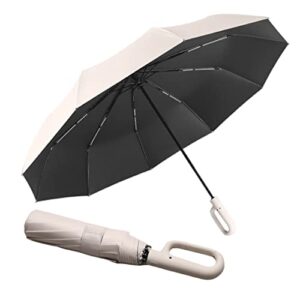 extra large windproof travel folding compact golf 54‘’ umbrella automatic open/close,lightweight portable parasol outdoor,sun/rain,99 uv protection,perfect carabiner handle design(off-white)