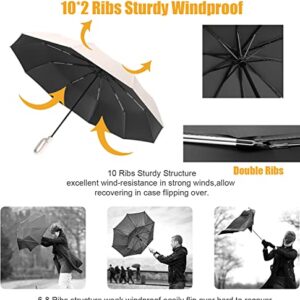 Extra Large Windproof Travel Folding Compact Golf 54‘’ Umbrella Automatic Open/Close,Lightweight Portable Parasol Outdoor,Sun/Rain,99 UV Protection,Perfect Carabiner Handle Design(Off-White)