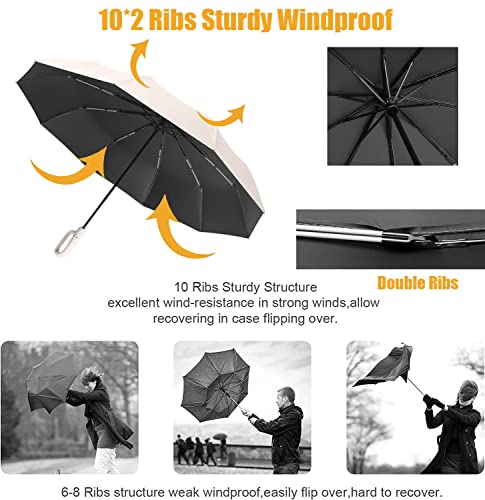 Extra Large Windproof Travel Folding Compact Golf 54‘’ Umbrella Automatic Open/Close,Lightweight Portable Parasol Outdoor,Sun/Rain,99 UV Protection,Perfect Carabiner Handle Design(Off-White)