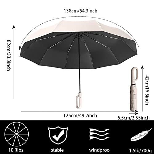 Extra Large Windproof Travel Folding Compact Golf 54‘’ Umbrella Automatic Open/Close,Lightweight Portable Parasol Outdoor,Sun/Rain,99 UV Protection,Perfect Carabiner Handle Design(Off-White)