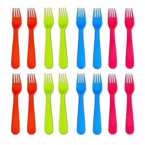 jawbush 16pcs plastic kids forks, reusable toddler utensils with bright colors, durable silversware set for lunch box camping or travel, easy grips both for kids or adults, bpa free dishwasher safe