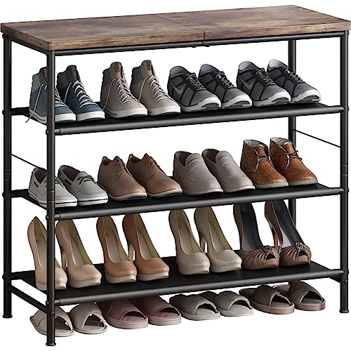 INGIORDAR Shoe Rack Organizer 4 Tier Metal Organizer Shelf with Industrial MDF Board and Layer Fabric for Entryway Closet bedroom Living Room Garage,Black & Rustic Brown