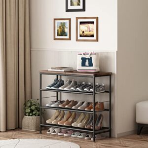 INGIORDAR Shoe Rack Organizer 4 Tier Metal Organizer Shelf with Industrial MDF Board and Layer Fabric for Entryway Closet bedroom Living Room Garage,Black & Rustic Brown