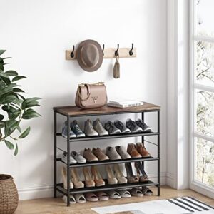 INGIORDAR Shoe Rack Organizer 4 Tier Metal Organizer Shelf with Industrial MDF Board and Layer Fabric for Entryway Closet bedroom Living Room Garage,Black & Rustic Brown