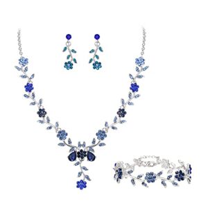 brilove women's wedding jewelry set leaf cluster flower crystal dangle earrings pendant necklace link bracelet set for bridal bride blue silver-tone