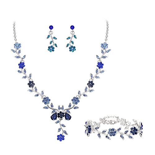 BriLove Women's Wedding Jewelry Set Leaf Cluster Flower Crystal Dangle Earrings Pendant Necklace Link Bracelet Set for Bridal Bride Blue Silver-Tone