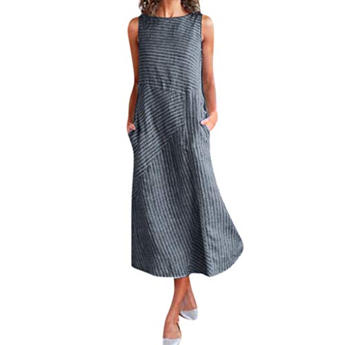 Linen Dresses for Women, White Linen Dress Womens Dresses Casual Women Casual Striped Print Sleeveless Dress Neck Linen Pocket Long Dress House Dress for Women Linen Dresses(Navy,Large)