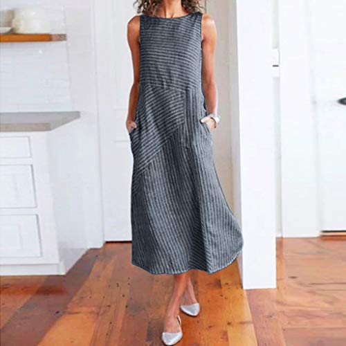 Linen Dresses for Women, White Linen Dress Womens Dresses Casual Women Casual Striped Print Sleeveless Dress Neck Linen Pocket Long Dress House Dress for Women Linen Dresses(Navy,Large)