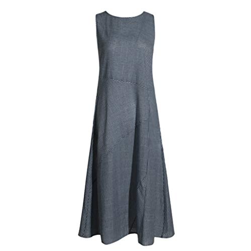 Linen Dresses for Women, White Linen Dress Womens Dresses Casual Women Casual Striped Print Sleeveless Dress Neck Linen Pocket Long Dress House Dress for Women Linen Dresses(Navy,Large)