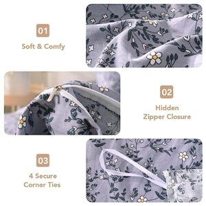 Lekesky Cotton Duvet Cover Set 100% Washed Cotton Queen Size Floral Printed Bedding Duvet Cover Set Garden Style Comforter Cover Set 3 Pcs Soft Bedding Set with Zipper Closure and 4 Ties