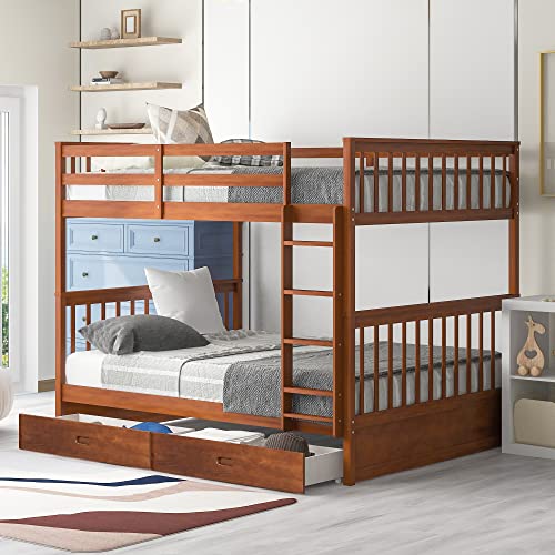 Full Over Full Bunk Beds with 2 Storage Drawers, Solid Wood Detachable Bunk Bed Frame with Ladders and Safety Rail for Kids, Teens, Adults