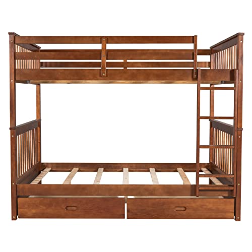 Full Over Full Bunk Beds with 2 Storage Drawers, Solid Wood Detachable Bunk Bed Frame with Ladders and Safety Rail for Kids, Teens, Adults