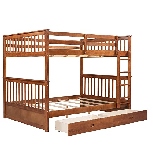 Full Over Full Bunk Beds with 2 Storage Drawers, Solid Wood Detachable Bunk Bed Frame with Ladders and Safety Rail for Kids, Teens, Adults