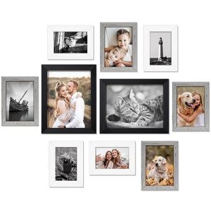 hamitor picture frames set for wall gallery - 10 pack assorted color modern wooden collage photo frame for wall decor or tabletop display including two 8x10 / four 5x7 / four 4x6 - black white gray