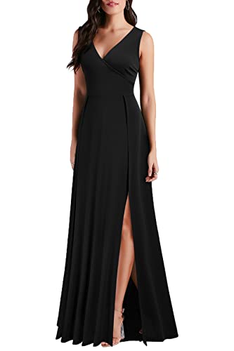 MUSHARE Women's V Neck Sleeveless Split Formal Dress Cocktail Party Prom Long Dresses Black