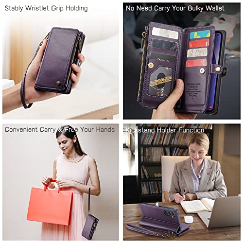 Defencase for Samsung Galaxy A54 5G Case, RFID Blocking Samsung A54 5G Case Wallet for Women Men, PU Leather Magnetic Flip Strap Zipper Card Holder Wallet Phone Case for Galaxy A54 5G, Fashion Purple