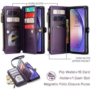 Defencase for Samsung Galaxy A54 5G Case, RFID Blocking Samsung A54 5G Case Wallet for Women Men, PU Leather Magnetic Flip Strap Zipper Card Holder Wallet Phone Case for Galaxy A54 5G, Fashion Purple