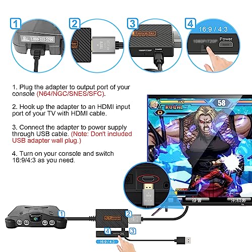 RuntoGOL N64 Gamecube to HDMI Adapter Converter Cable, HDMI Adapter for Nintendo Gamecube/Nintendo 64/SNES/SFC with HDMI Cable and USB Cable, Supports 4:3/16:9 Ratio Conversion