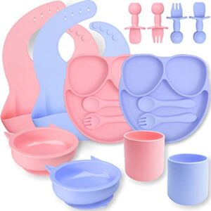 baby led weaning supplies, 16pack silicone baby feeding set baby feeding supplies baby eating upplies infant self eating utensil set with suction bowls plates bibs cups spoons and forks - 6+ months