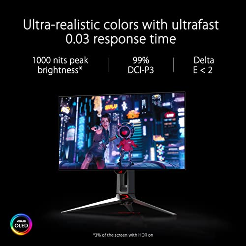 ASUS ROG Swift 27”1440P OLED DSC Gaming Monitor (PG27AQDM) - QHD (2560x1440), 240Hz, 0.03ms, G-SYNC Compatible, Anti-Glare Micro-Texture Coating, 99% DCI-P3, True 10-bit, DisplayPort,Black