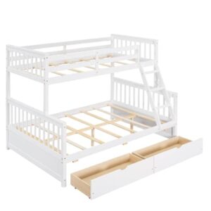 twin-over-full bunk bed with ladders and two storage drawers