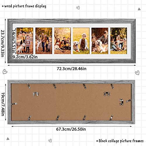 Chunful 2 Pcs 28.4 x 9.5 Inches Collage Picture Frames for Wall Multiple 4 x 6 Inch Wood Picture Frame Display 6 Opening Multi Photo Frame with Acrylic Screens Horizontal and Vertical (Gray)