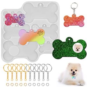6 pcs pet tag resin molds, afunta dog bone shaped tag silicone molds photo memorial resin molds silicone with 10 key rings, for diy keychain pet tag pendant craft
