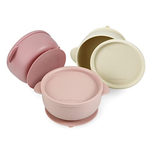 PandaEar 3 Pack Baby Bowls with Suction| Leak-Proof Stay Put Silicone Food Bowl with Lids for Babies Kids Toddlers Infants| Food Grade Soft Safe BPA-Free Silicone (Pink Rose Linen)