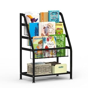 azheruol kids bookshelf freestanding for children room 25 inches black metal bookcase large capacity books toys organizer stable 5 tiers kids book rack for playroom bookstore library.