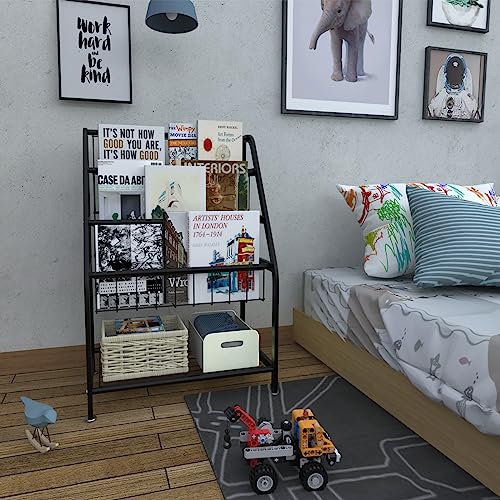 Azheruol Kids Bookshelf Freestanding for Children Room 25 Inches Black Metal Bookcase Large Capacity Books Toys Organizer Stable 5 Tiers Kids Book Rack for Playroom Bookstore Library.