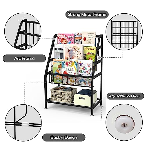 Azheruol Kids Bookshelf Freestanding for Children Room 25 Inches Black Metal Bookcase Large Capacity Books Toys Organizer Stable 5 Tiers Kids Book Rack for Playroom Bookstore Library.