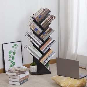 ruboka 8-Shelf Tree Bookshelf, 38.4-Inch Retro Floor Standing Bookcase Display for CDs/Magazine/Books, Small Bookshelf for Bedroom, Living Room, Office,Balcony, Black Storage Shelves DESK56A