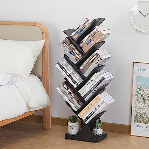 ruboka 8-Shelf Tree Bookshelf, 38.4-Inch Retro Floor Standing Bookcase Display for CDs/Magazine/Books, Small Bookshelf for Bedroom, Living Room, Office,Balcony, Black Storage Shelves DESK56A