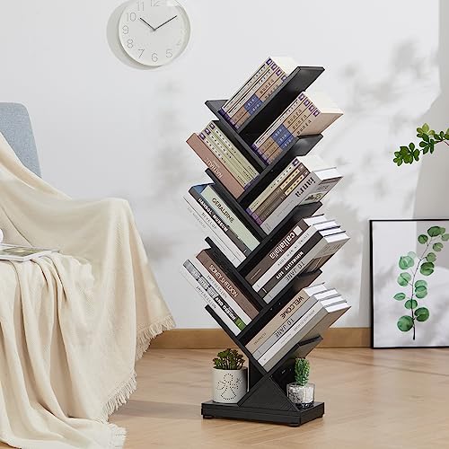 ruboka 8-Shelf Tree Bookshelf, 38.4-Inch Retro Floor Standing Bookcase Display for CDs/Magazine/Books, Small Bookshelf for Bedroom, Living Room, Office,Balcony, Black Storage Shelves DESK56A