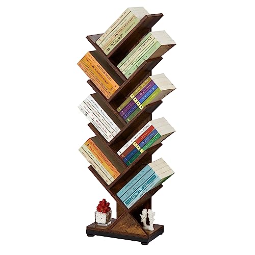 ruboka 8-Shelf Tree Bookshelf, 38.4-Inch Retro Floor Standing Bookcase Display for CDs/Magazine/Books, Small Bookshelf for Bedroom, Living Room, Office,Balcony, Brown Storage Shelves DESK54A