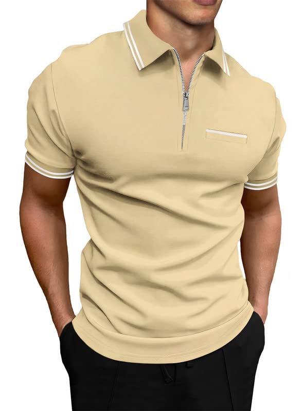 JMIERR Men's Zipper Polo Shirts Classic Lightweight Knit Striped Polos Shirt Casual Short Sleeve Golf Shirt for Men,US 43(L),Khaki